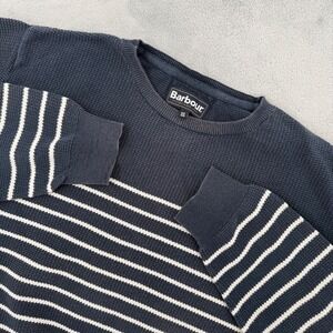 Barbour Mens Navy Blue White Striped Cotton Linen Crewneck Sweater Size XXL